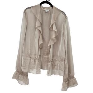 ST JOHN COUTURE SZ 16 SILK IRIDESCENT OPEN FRONT RUFFLE LONG SLEEVE CARDIGAN